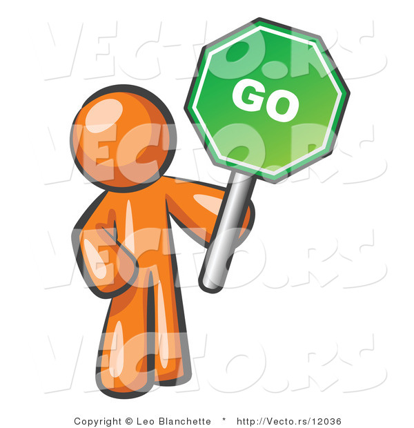 Vector of Orange Guy Holding up a Green Go Sign, on a White Background