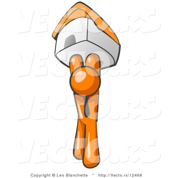 Vector of Orange Guy Holding up a House over His Head, Symbolizing Home Loans and Realty