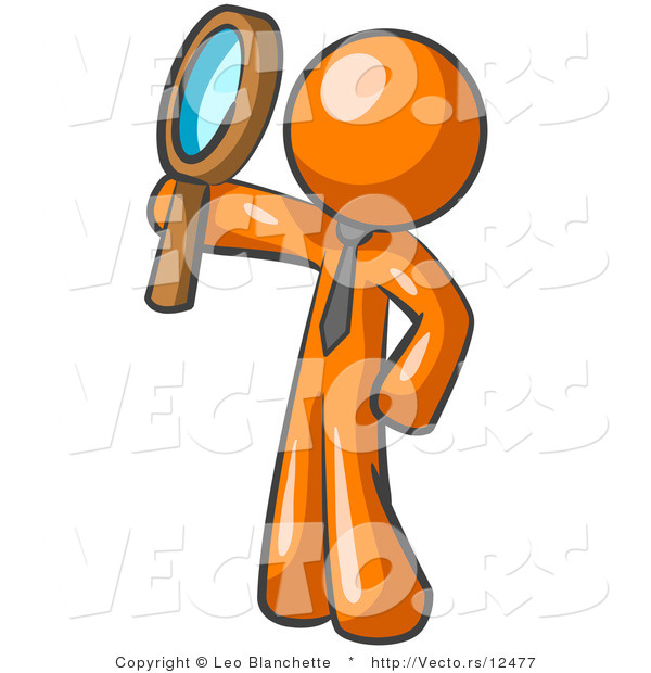 Vector of Orange Guy Holding up a Magnifying Glass and Peering Through It While Investigating or Researching Something