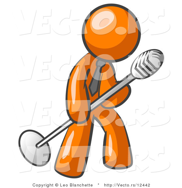 Vector of Orange Guy in a Tie, Singing Songs on Stage During a Concert or at a Karaoke Bar While Tipping the Microphone