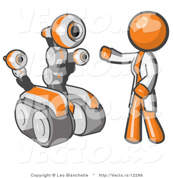 Vector of Orange Guy Inventor with a Rover Robot