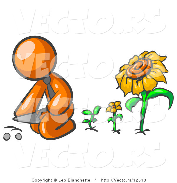 Vector of Orange Guy Kneeling by Growing Sunflowers to Plant Seeds in a Dirt Hole in a Garden