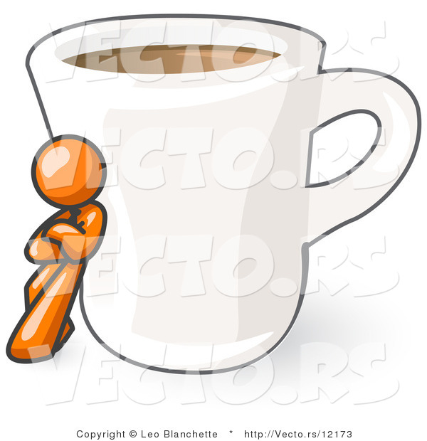 Vector of Orange Guy Leaning Against a Giant White Cup of Coffee