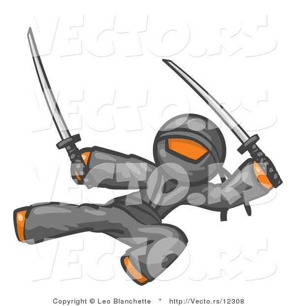 Vector of Orange Guy Ninja Kicking and Jumping with Swords