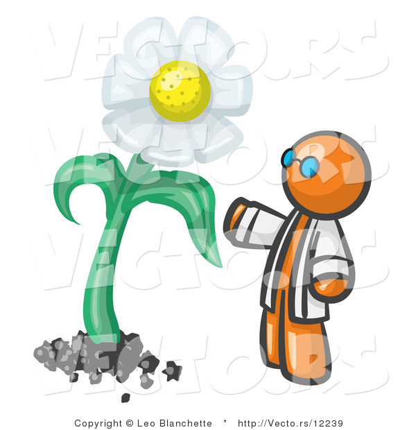 Vector of Orange Guy Scientist Admiring a Giant White Daisy Flower