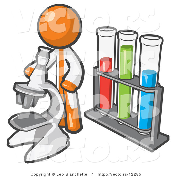 Vector of Orange Guy Scientist Using a Microscope by Vials