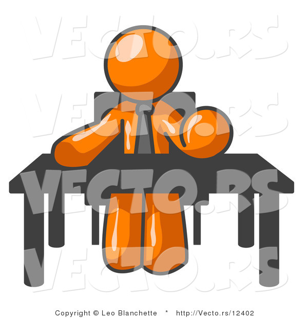 Vector of Orange Guy Seated at a Desk, Instructing Employees