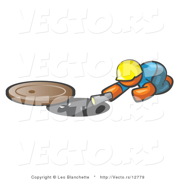 Vector of Orange Guy Sewer Worker Shining a Flashlight down a Man Hole