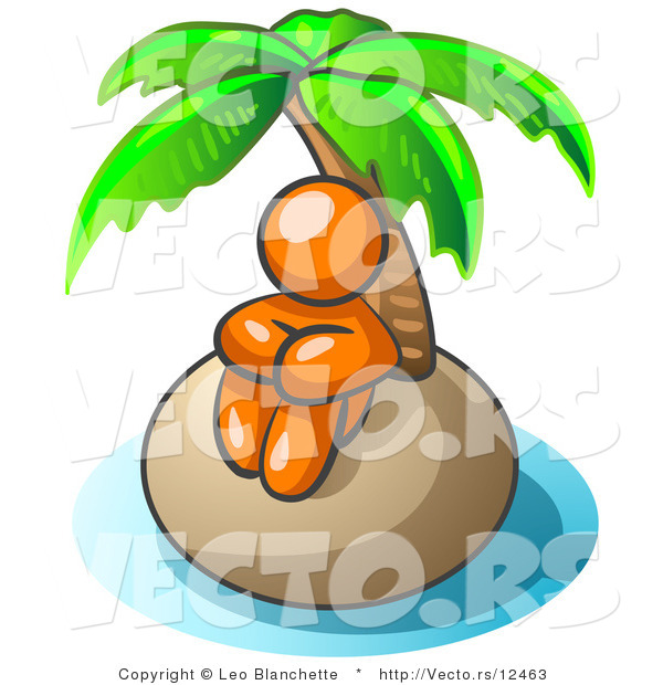 Vector of Orange Guy Sitting All Alone with a Palm Tree on a Deserted Island