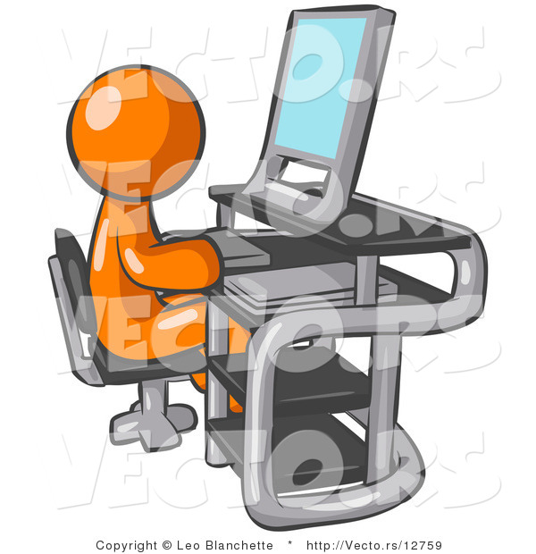 Vector of Orange Guy Sitting at a Desk in Front of a Computer with a Scanner at His Side