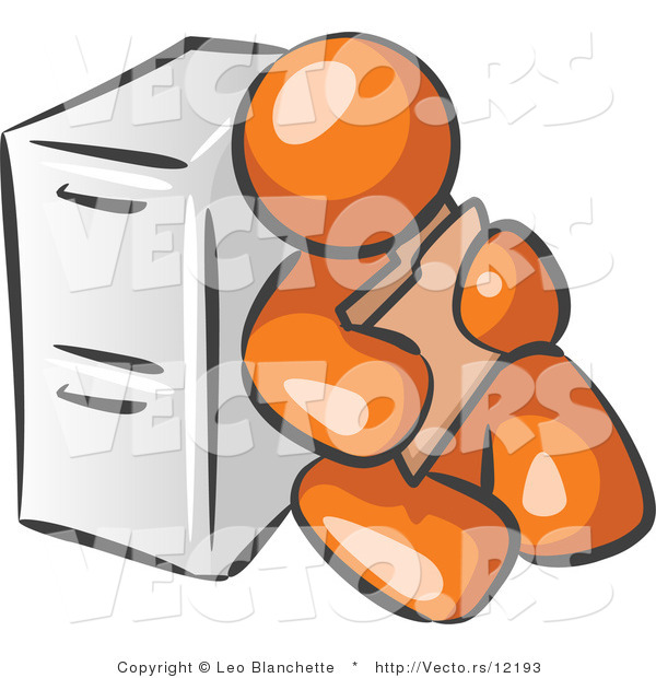 Vector of Orange Guy Sitting by a Filing Cabinet and Holding a Folder