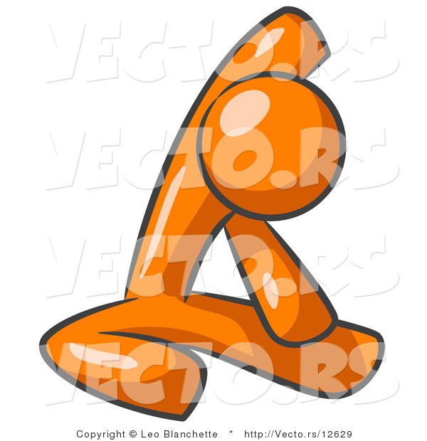 Vector of Orange Guy Sitting on a Gym Floor and Stretching His Arm up and Behind His Head