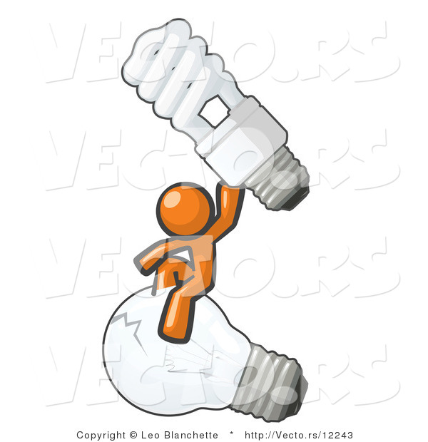 Vector of Orange Guy Sitting on an Old Light Bulb and Holding up a New, Energy Efficient Bulb