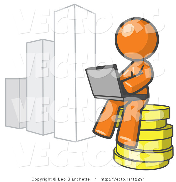 Vector of Orange Guy Sitting on Coins and Using a Laptop by a Bar Graph