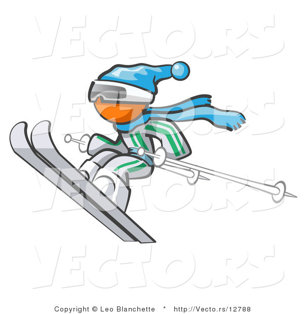 Vector of Orange Guy Skier Jumping with Poles