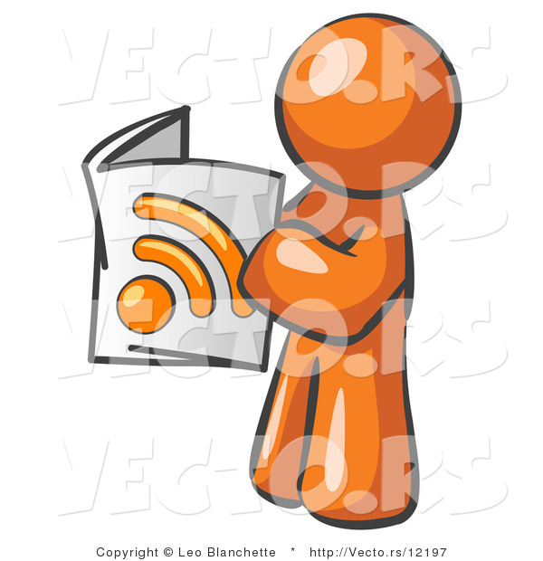 Vector of Orange Guy Standing and Reading an RSS Magazine