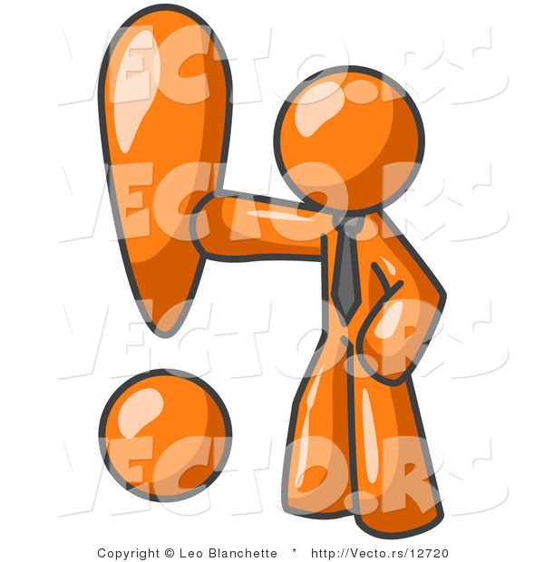 Vector of Orange Guy Standing by a Large Exclamation Point