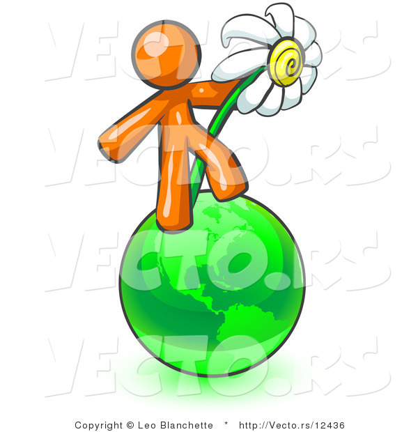 Vector of Orange Guy Standing on the Green Planet Earth and Holding a White Daisy, Symbolizing Organics and Going Green for a Healthy Environment
