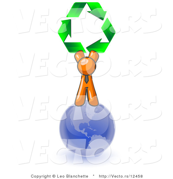 Vector of Orange Guy Standing on Top of the Blue Planet Earth and Holding up Three Green Arrows Forming a Triangle and Moving in a Clockwise Motion, Symbolizing Renewable Energy and Recycling