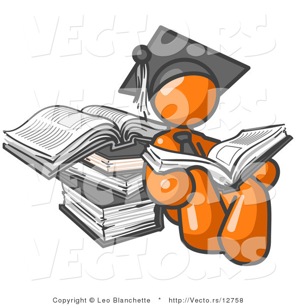 Vector of Orange Guy Student in a Graduation Cap, Reading a Book and Leaning Against a Stack of Books