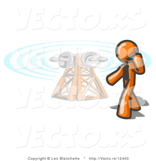 Vector of Orange Guy Talking on a Cell Phone, a Communications Tower in the Background