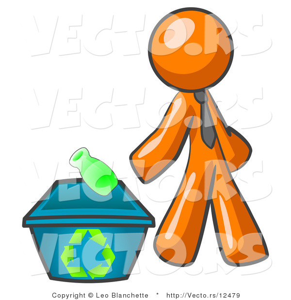 Vector of Orange Guy Tossing a Plastic Container into a Recycle Bin, Symbolizing Someone Doing Their Part to Help the Environment and to Be Earth Friendly
