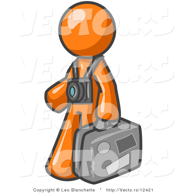 Vector of Orange Guy Tourist Carrying His Suitcase with Camera