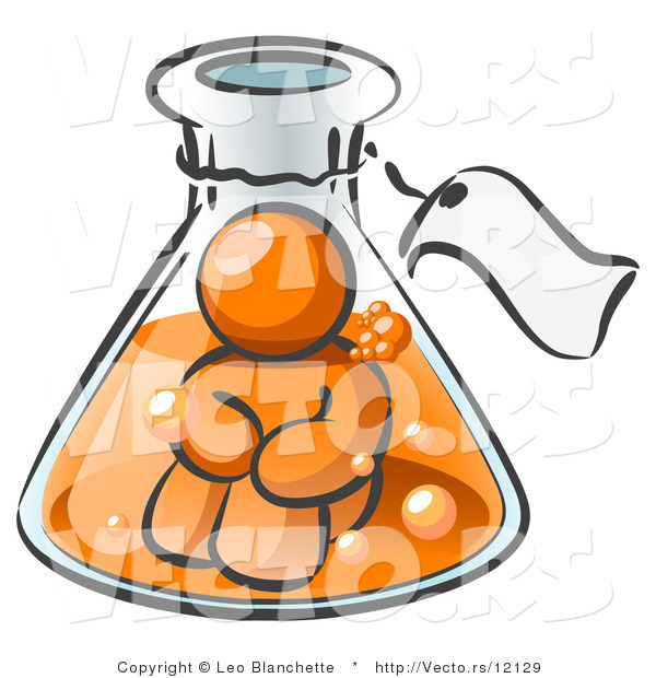 Vector of Orange Guy Trapped Inside a Bubbly Potion in a Laboratory Beaker with a Tag Around the Bottle