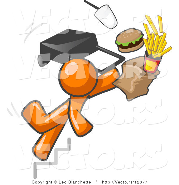 Vector of Orange Guy Tripping on Stairs, with Fast Food and a Rolling Briefcase Flying