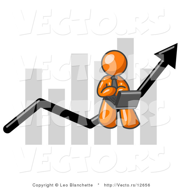 Vector of Orange Guy Using a Laptop Computer, Riding the Increasing Arrow Line on a Business Chart Graph
