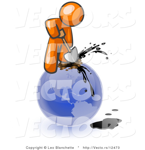 Vector of Orange Guy Using a Shovel to Drill Oil out of Planet Earth