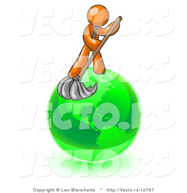 Vector of Orange Guy Using a Wet Mop with Green Cleaning Products to Clean up the Environment of Planet Earth