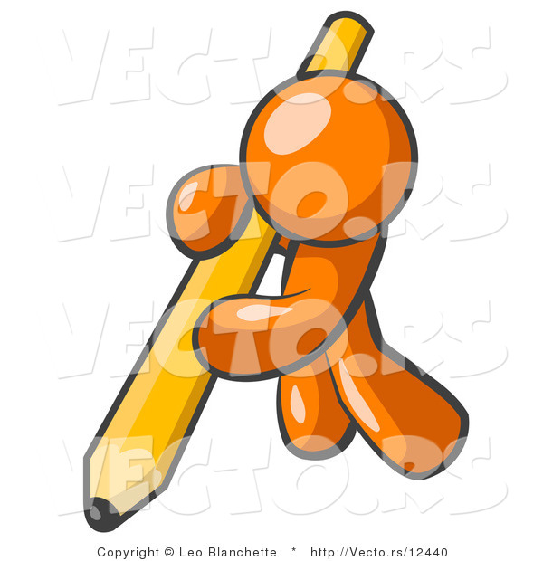 Vector of Orange Guy Using All of His Strength to Hold up and Write with a Giant Yellow Number Two Pencil