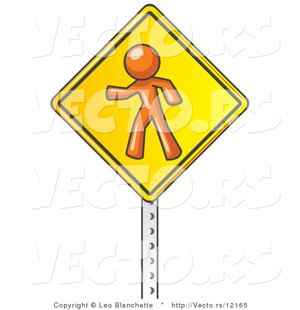 Vector of Orange Guy Walking on a Yellow Traffic Sign Posted on a Silver Pole