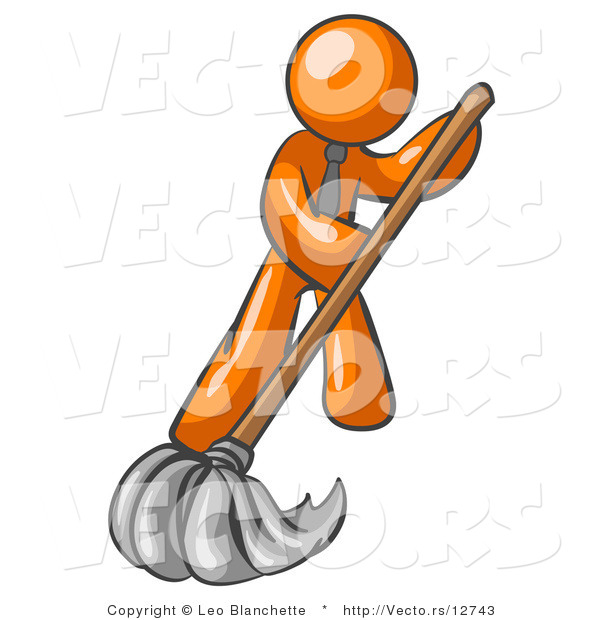 Vector of Orange Guy Wearing a Tie, Using a Mop While Mopping a Hard Floor to Clean up a Mess or Spill
