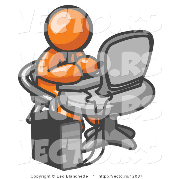 Vector of Orange Guy Working on a Desktop Computer on a Table