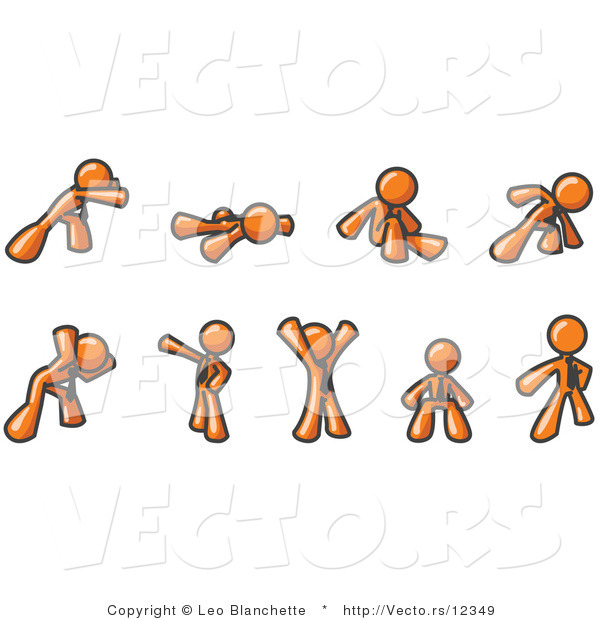 Vector of Orange Guys Doing Different Exercises and Stretches in a Fitness Gym