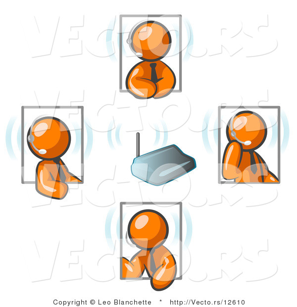 Vector of Orange Guys Holding a Phone Meeting and Wearing Wireless Headsets