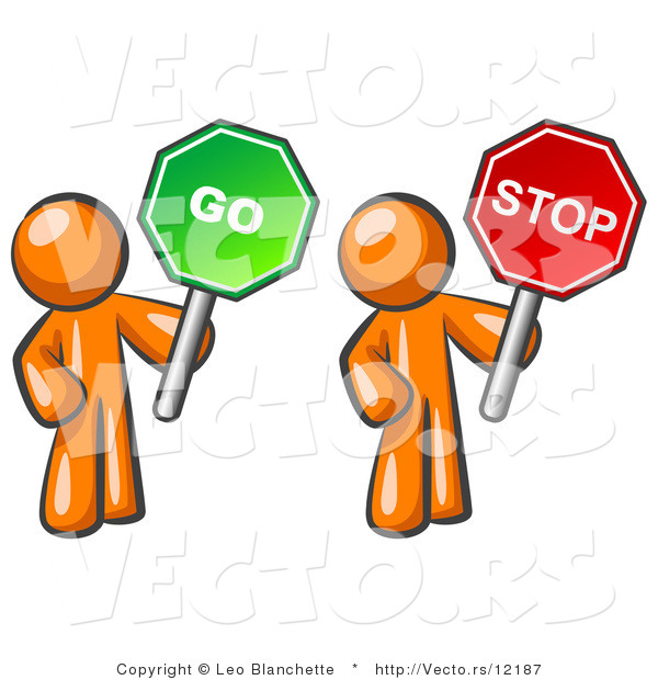 Vector of Orange Guys Holding Red and Green Stop and Go Signs