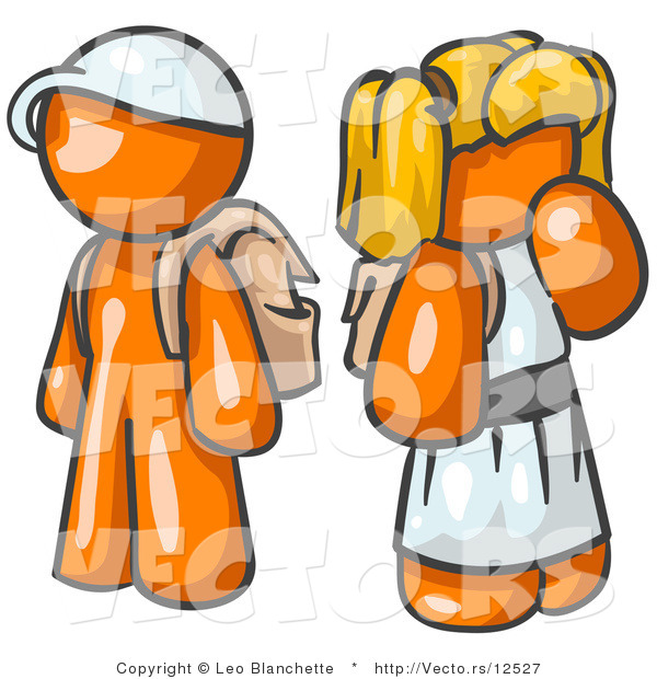 Vector of Orange School Girl and Boy Standing Together Waiting