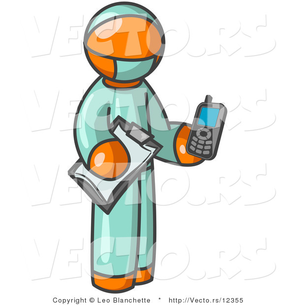 Vector of Orange Surgeon Guy Holding a Clipboard and Cellular Telephone