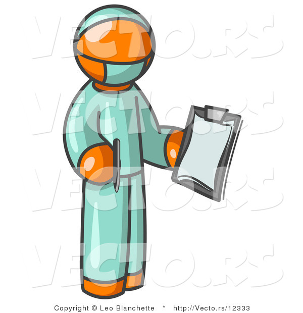 Vector of Orange Surgeon Guy in Green Scrubs, Holding a Clipboard Clipart Illustration