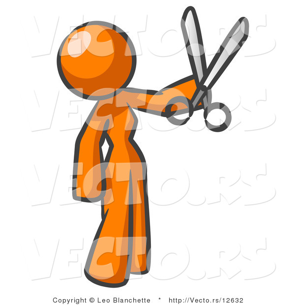 Vector of Orange Woman Standing and Holing up a Pair of Scissors