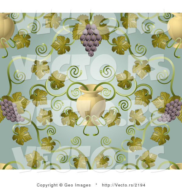 Vector of Ornate Purple Grape Vines with Urn Pattern Background