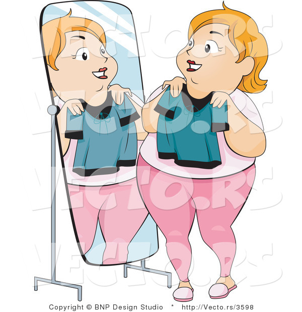 Vector of Overweight Woman Holding up a Shirt and Standing in Front of a Mirror
