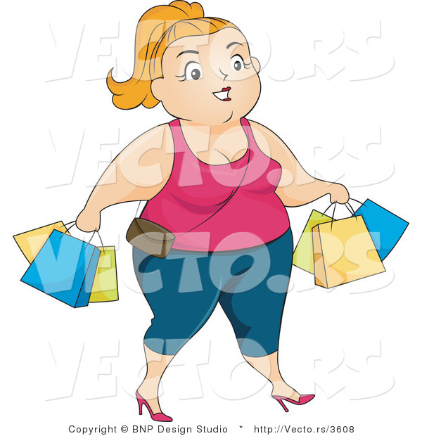 Vector of Overweight Woman Shopping and Carrying Bags