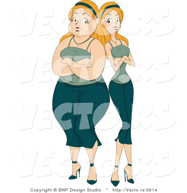 Vector of Overweight Woman Standing Back to Back Beside a Skinny Young Lady