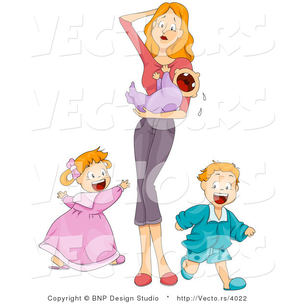 Vector of Overwhelmed Mother Holding Crying Baby While Son and Daughter Run Around Playing