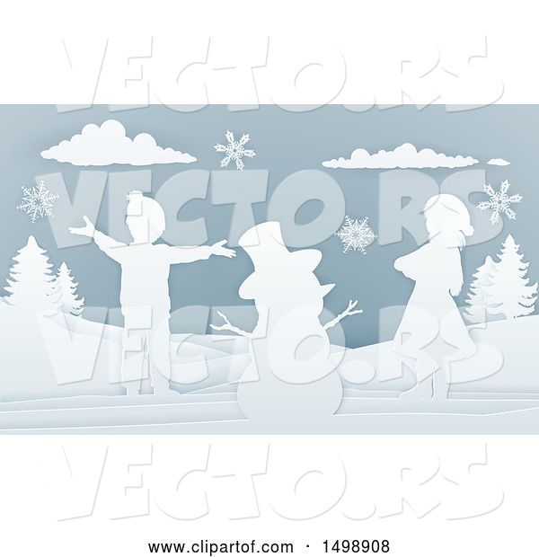 Vector of Paper Art Styled Snowman and Children in the Snow
