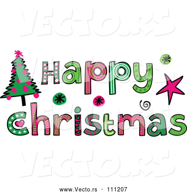 Vector of Patterned Sketched Happy Christmas Text with a Tree